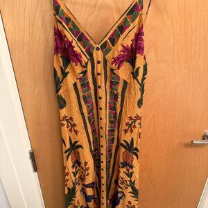 FARM Rio Mustard Yellow Tropical Floral Slip Dress with Pink & Green Accents